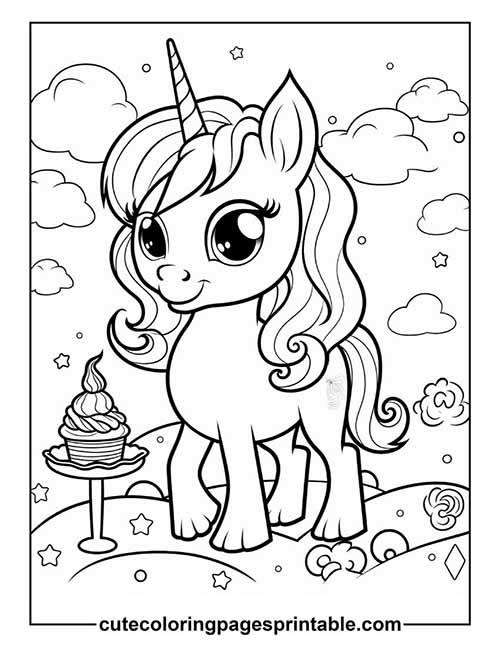 Coloring Page Of Unicorn Standing With Clouds