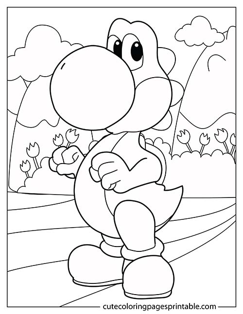 Super Mario Bros Coloring Page Of Yoshi Standing With Clouds